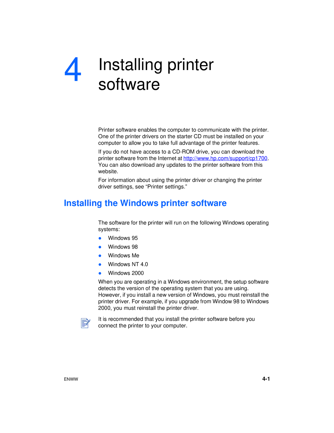 HP Color Inkjet cp1700 manual Installingsoftware printer, Installing the Windows printer software 