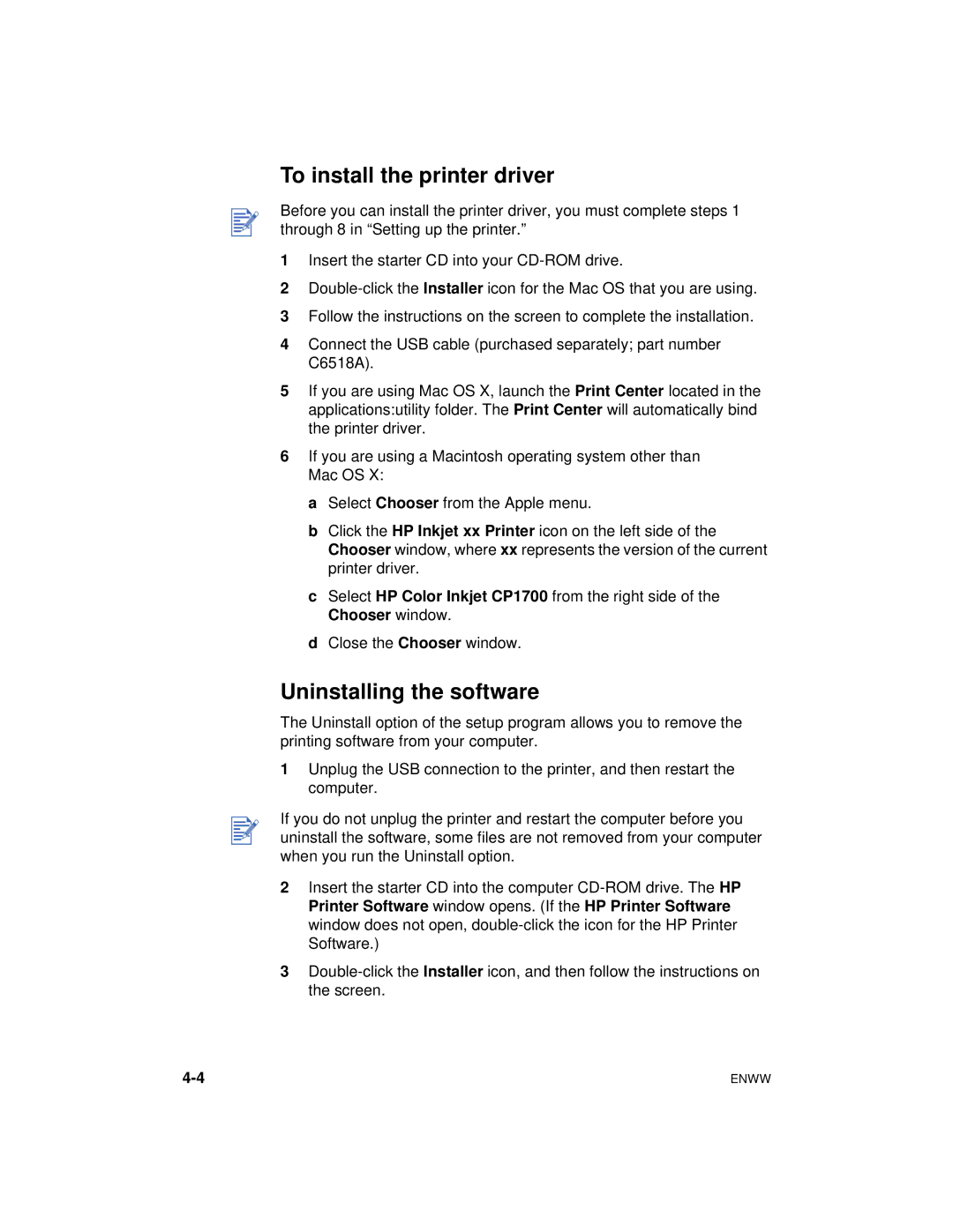 HP Color Inkjet cp1700 manual To install the printer driver, Uninstalling the software 