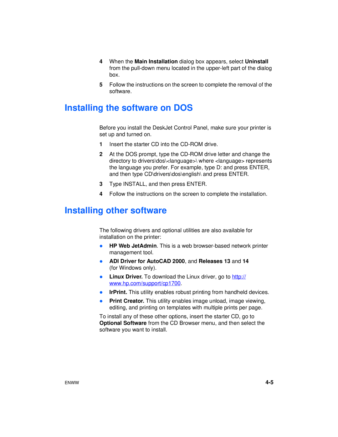 HP Color Inkjet cp1700 manual Installing the software on DOS, Installing other software 