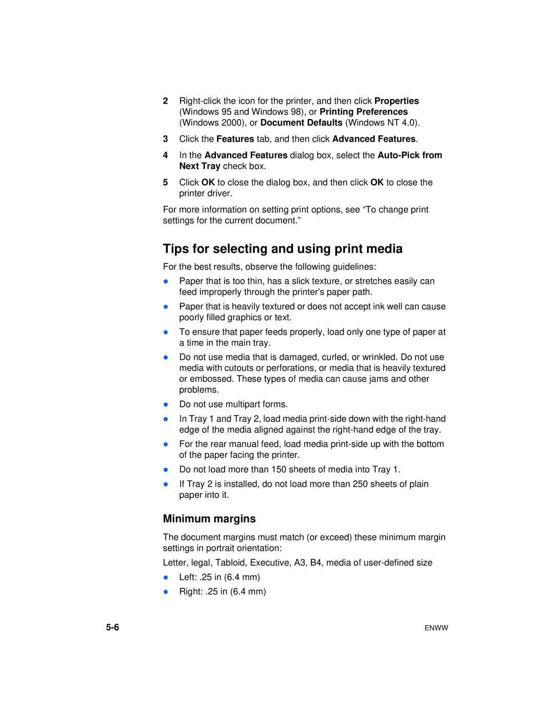 HP Color Inkjet cp1700 manual Tips for selecting and using print media, Minimum margins 