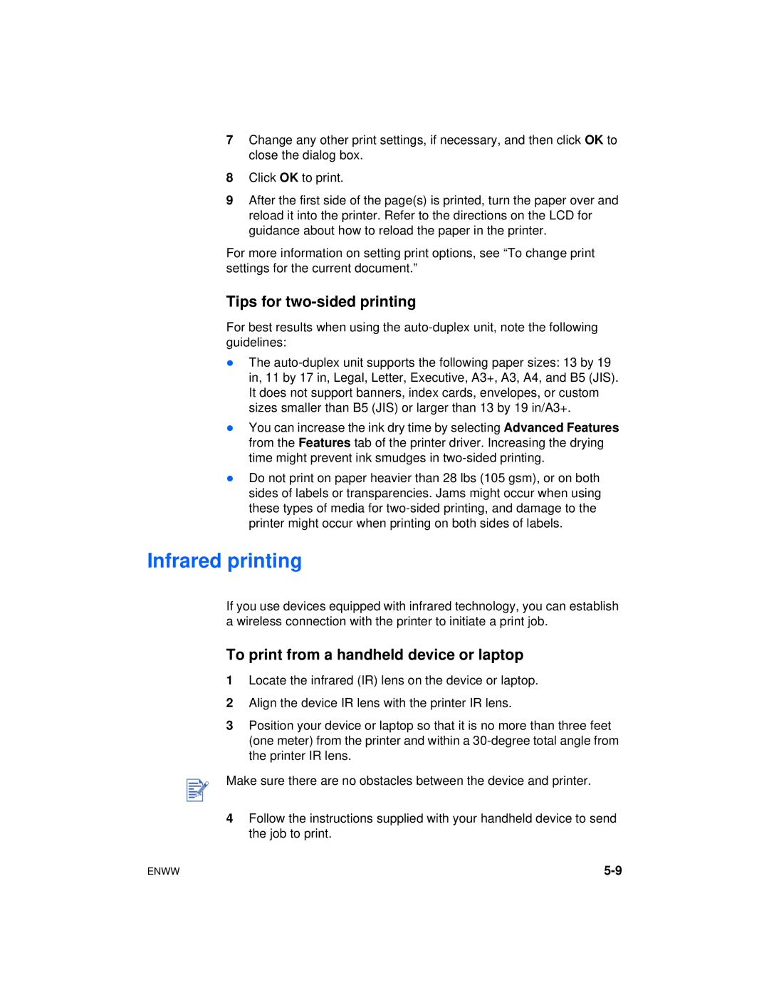 HP Color Inkjet cp1700 manual Infrared printing, Tips for two-sided printing, To print from a handheld device or laptop 