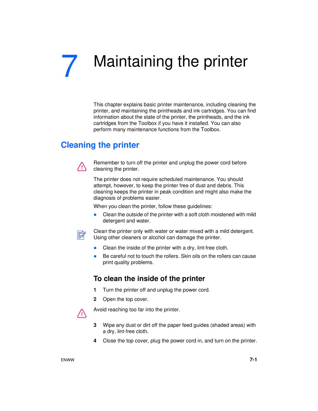 HP Color Inkjet cp1700 manual Maintaining the printer, Cleaning the printer, To clean the inside of the printer 