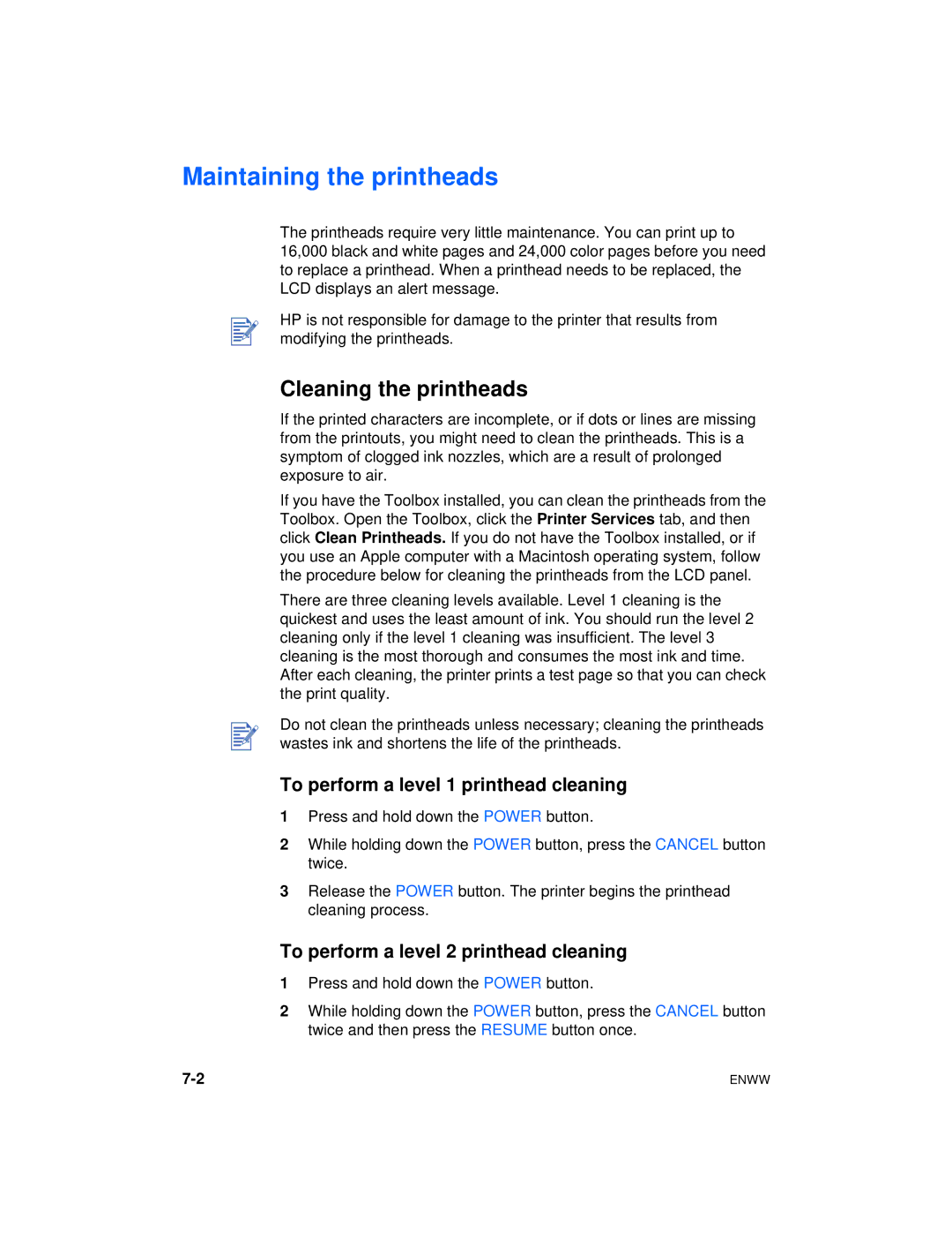 HP Color Inkjet cp1700 manual Maintaining the printheads, Cleaning the printheads, To perform a level 1 printhead cleaning 