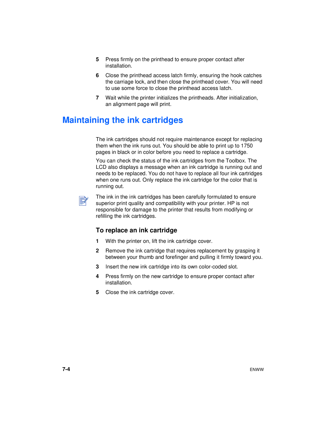 HP Color Inkjet cp1700 manual Maintaining the ink cartridges, To replace an ink cartridge 