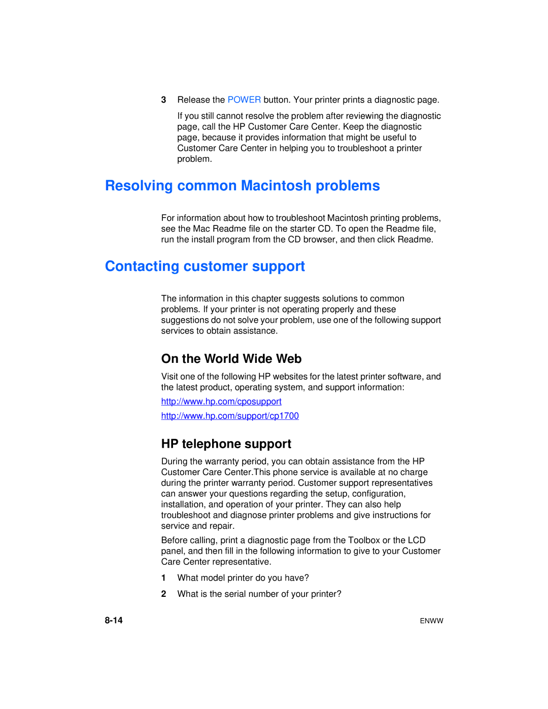 HP Color Inkjet cp1700 manual Resolving common Macintosh problems, Contacting customer support, On the World Wide Web 