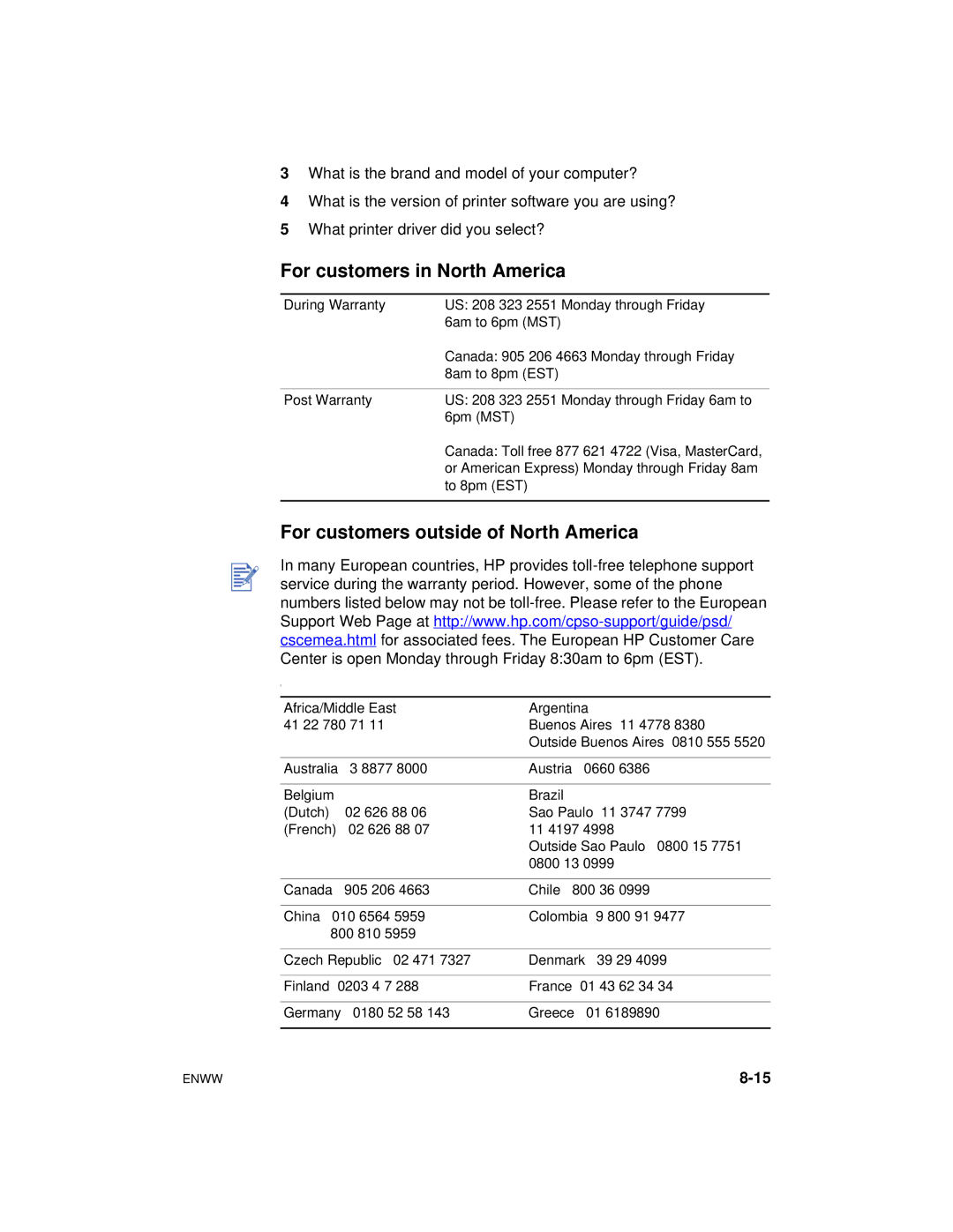 HP Color Inkjet cp1700 manual For customers in North America, For customers outside of North America 