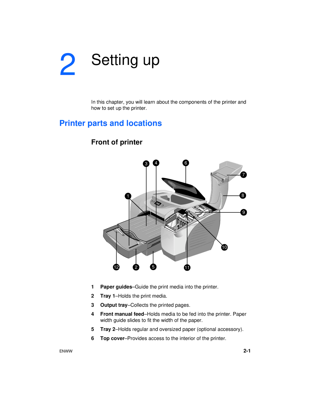 HP Color Inkjet cp1700 manual Setting up, Printer parts and locations, Front of printer 