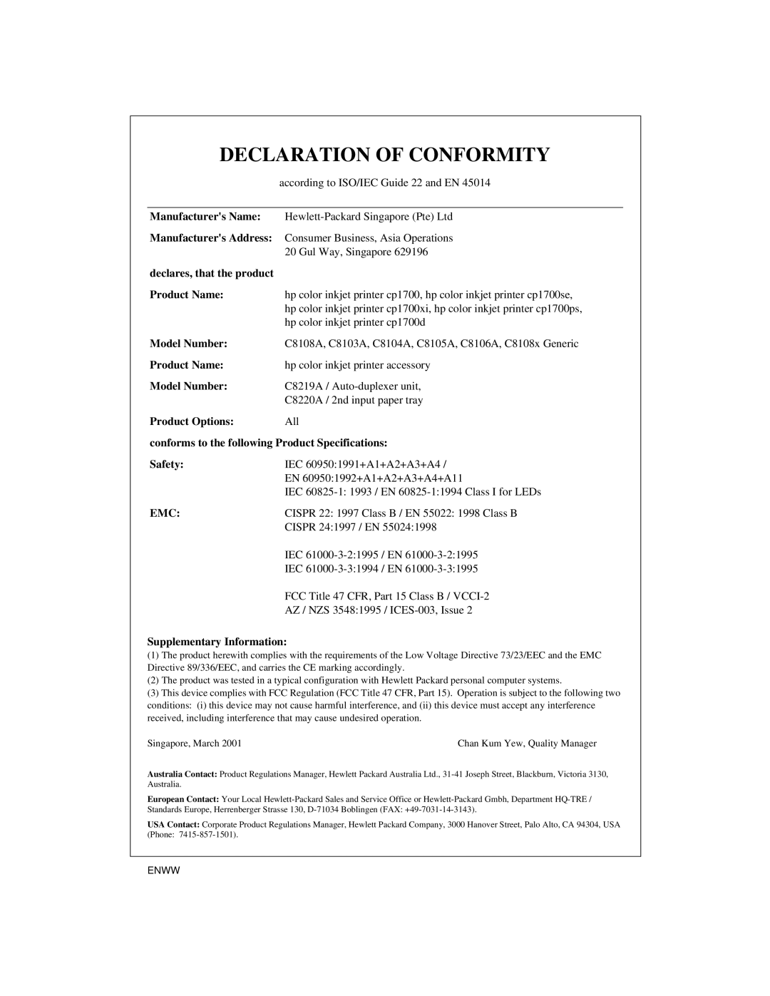 HP Color Inkjet cp1700 manual Declaration of Conformity 
