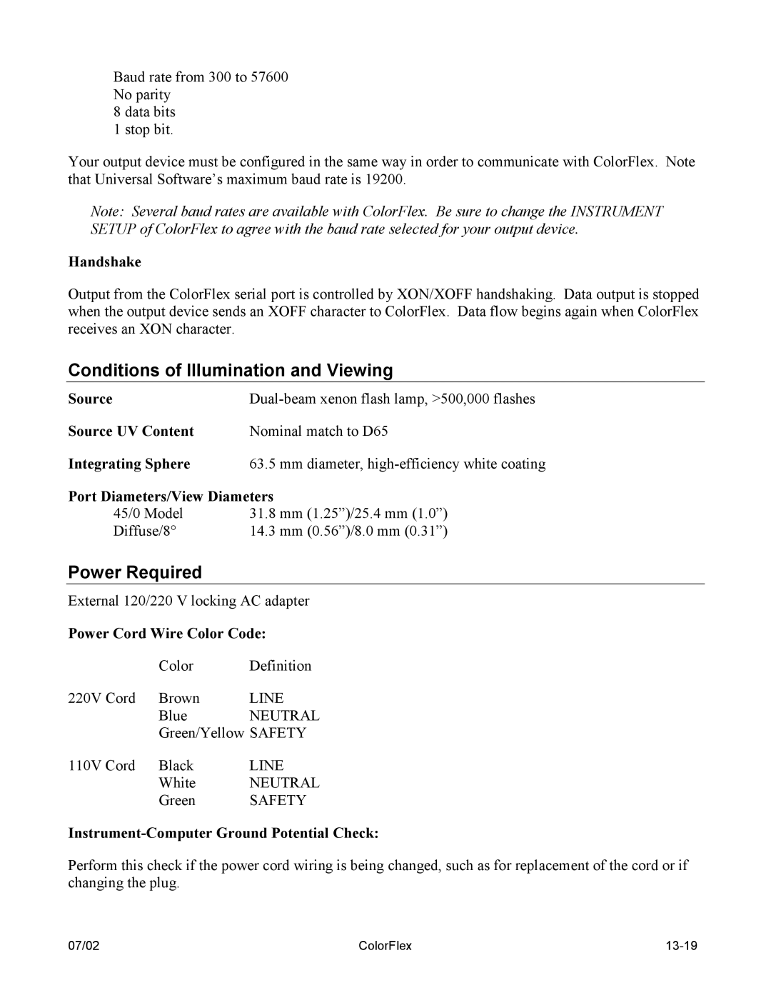 HP ColorFlex 13-1 manual Conditions of Illumination and Viewing, Power Required 