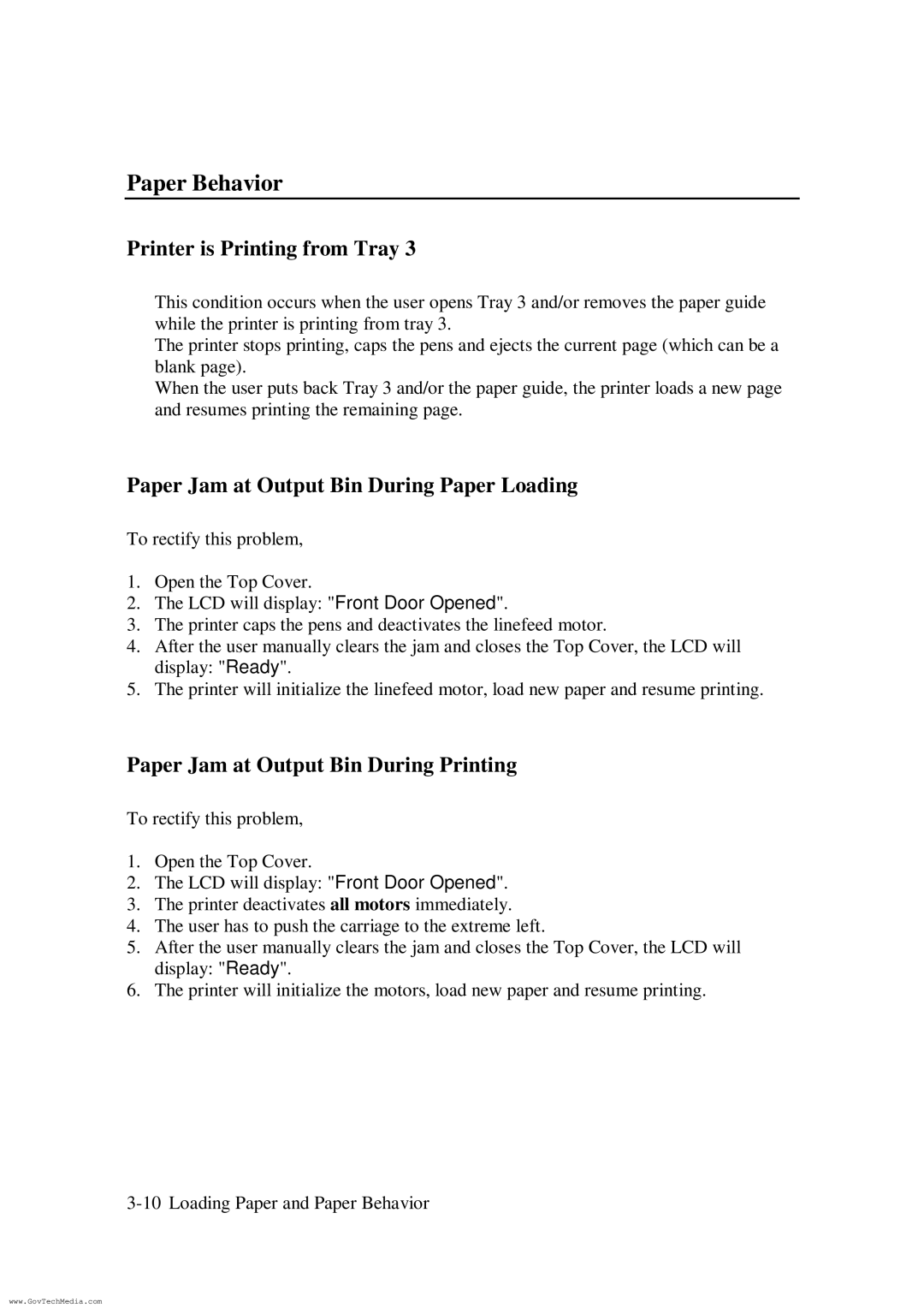 HP ColorPro CAD manual Printer is Printing from Tray, Paper Jam at Output Bin During Paper Loading 