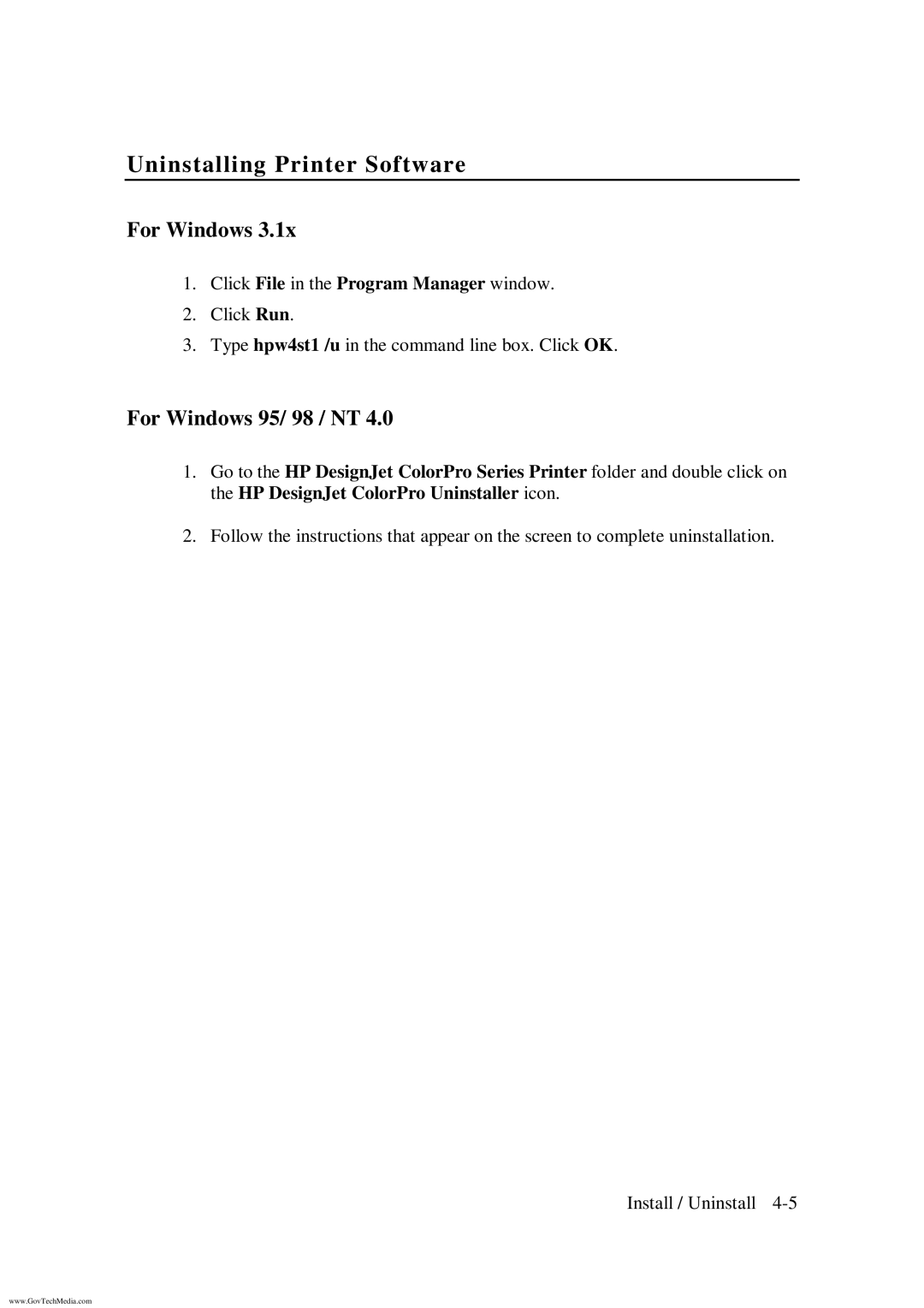 HP ColorPro CAD manual Uninstalling Printer Software, For Windows 95/ 98 / NT, Click File in the Program Manager window 