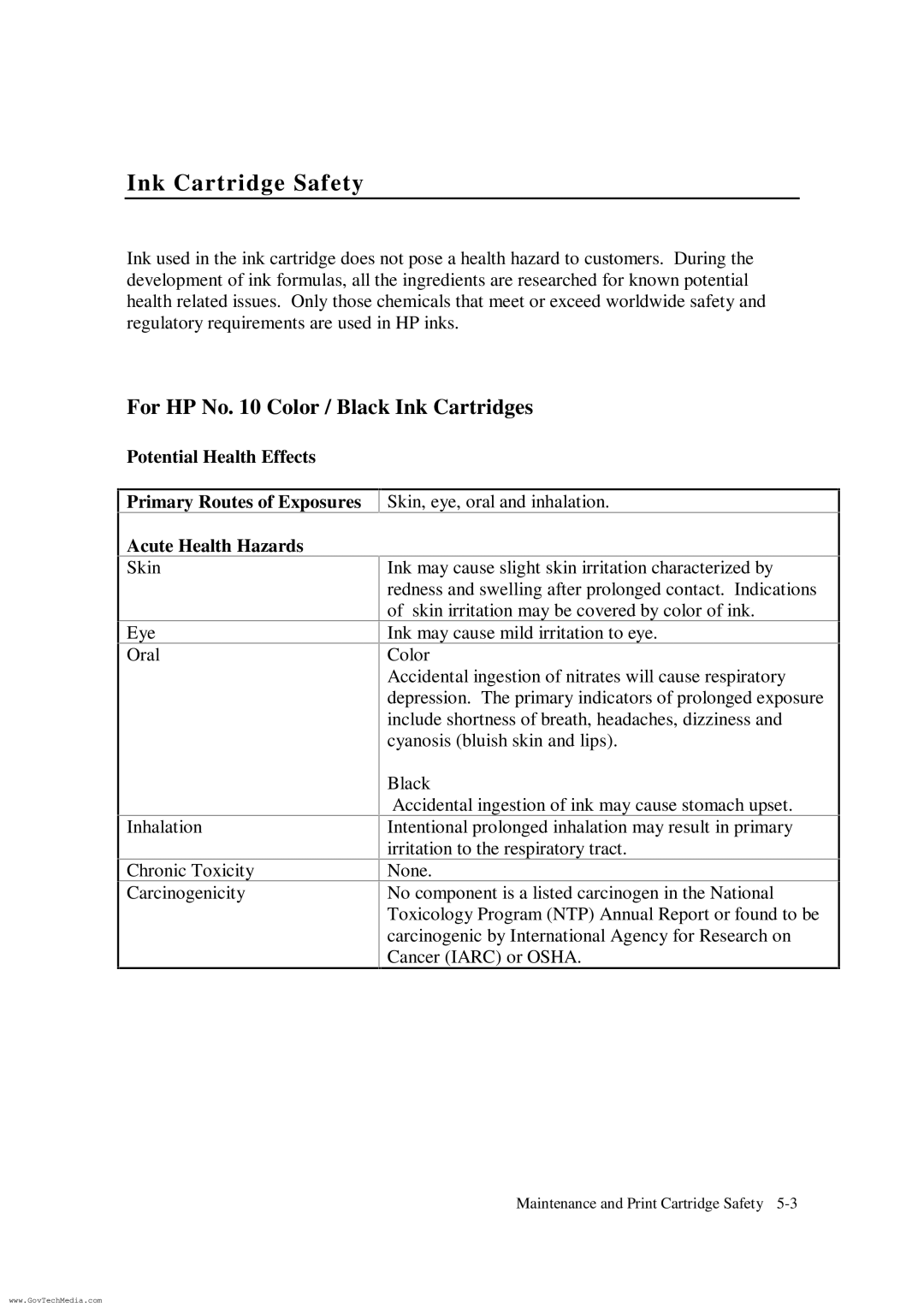 HP ColorPro CAD manual Ink Cartridge Safety, For HP No Color / Black Ink Cartridges 