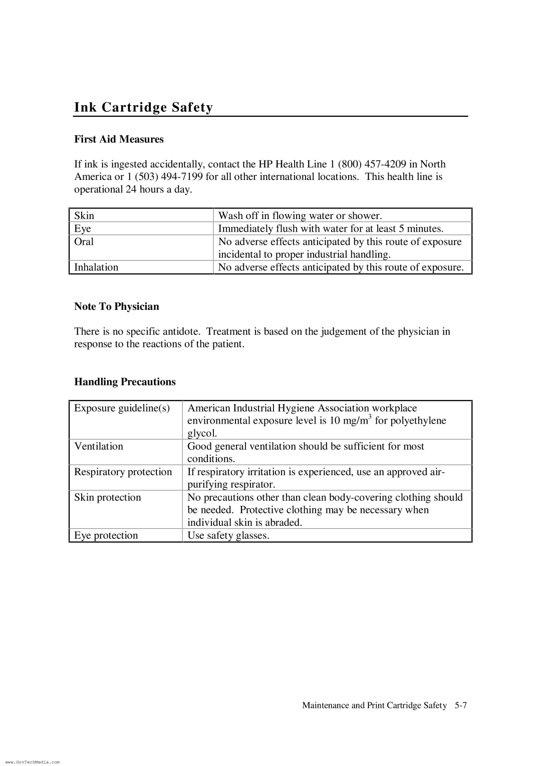 HP ColorPro CAD manual First Aid Measures, Handling Precautions 