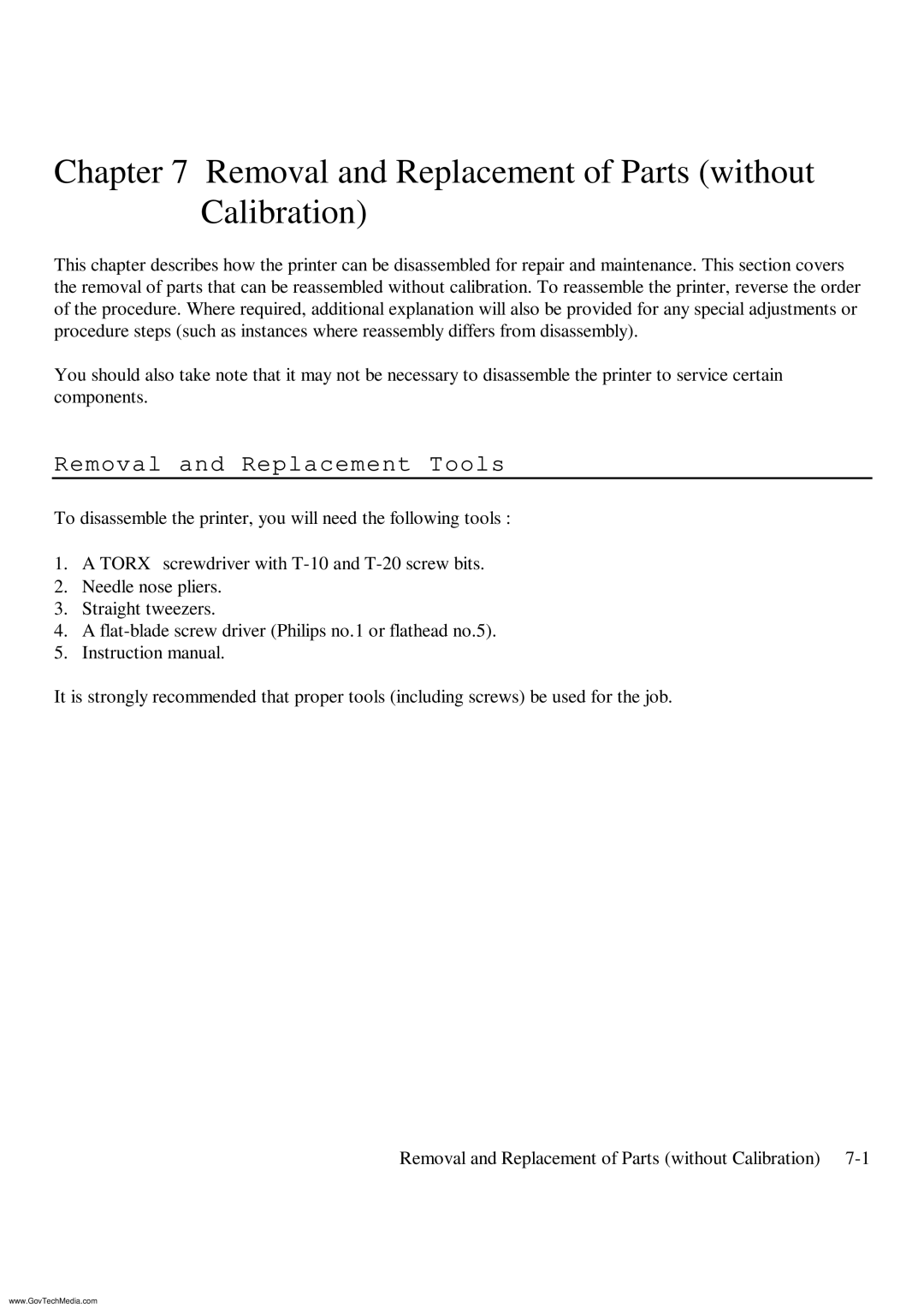 HP ColorPro CAD manual Removal and Replacement of Parts without Calibration, Removal and Replacement Tools 