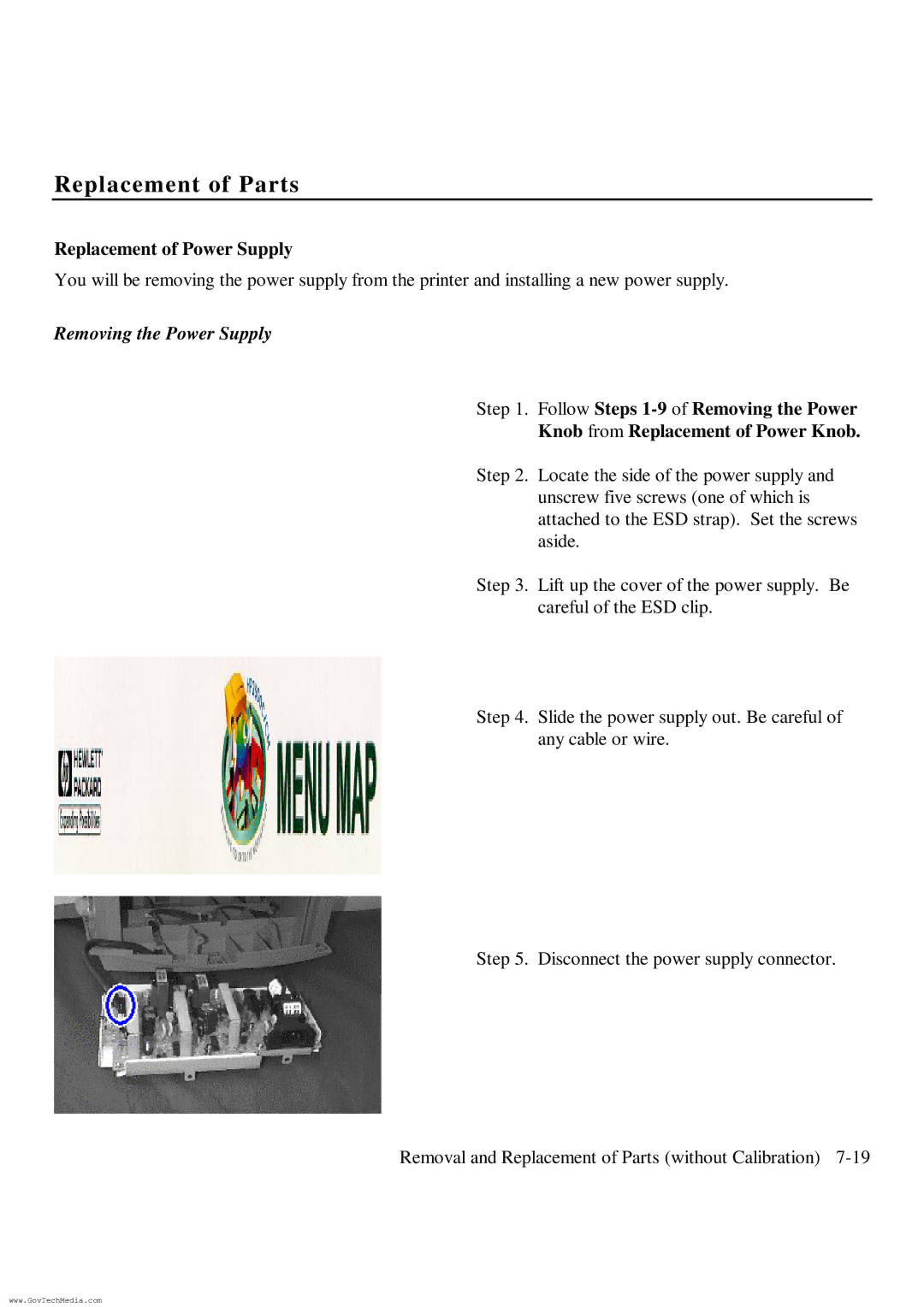 HP ColorPro CAD manual Replacement of Power Supply, Removing the Power Supply 