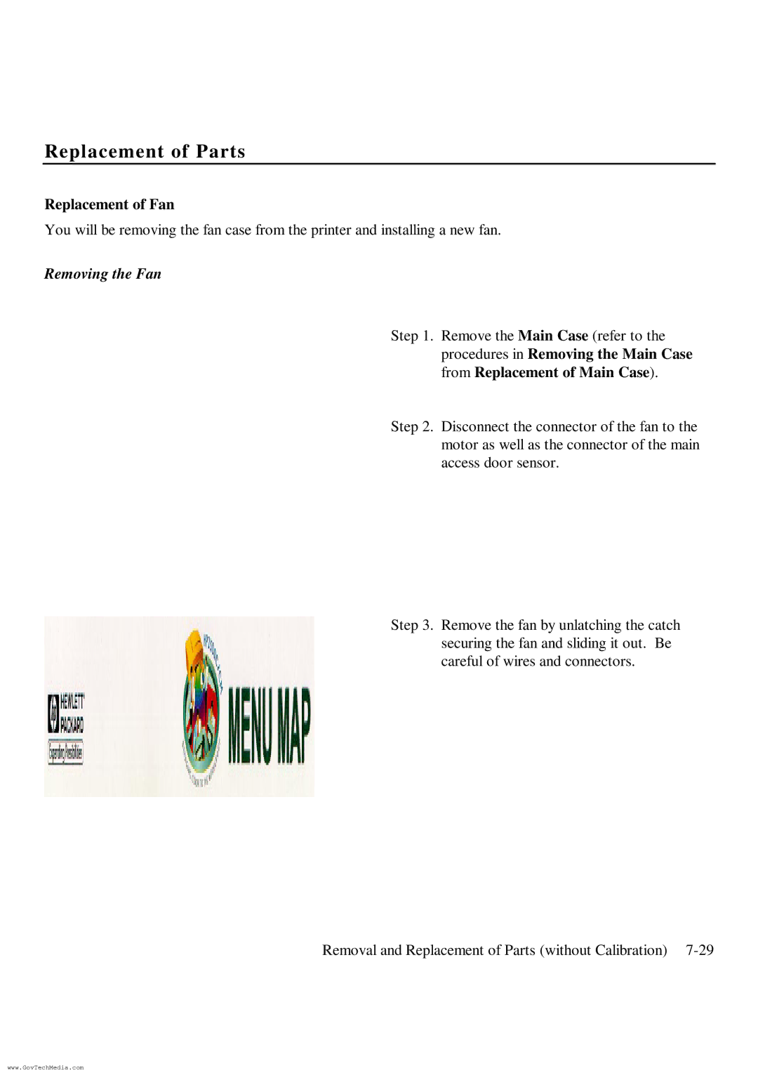 HP ColorPro CAD manual Replacement of Fan, Removing the Fan 