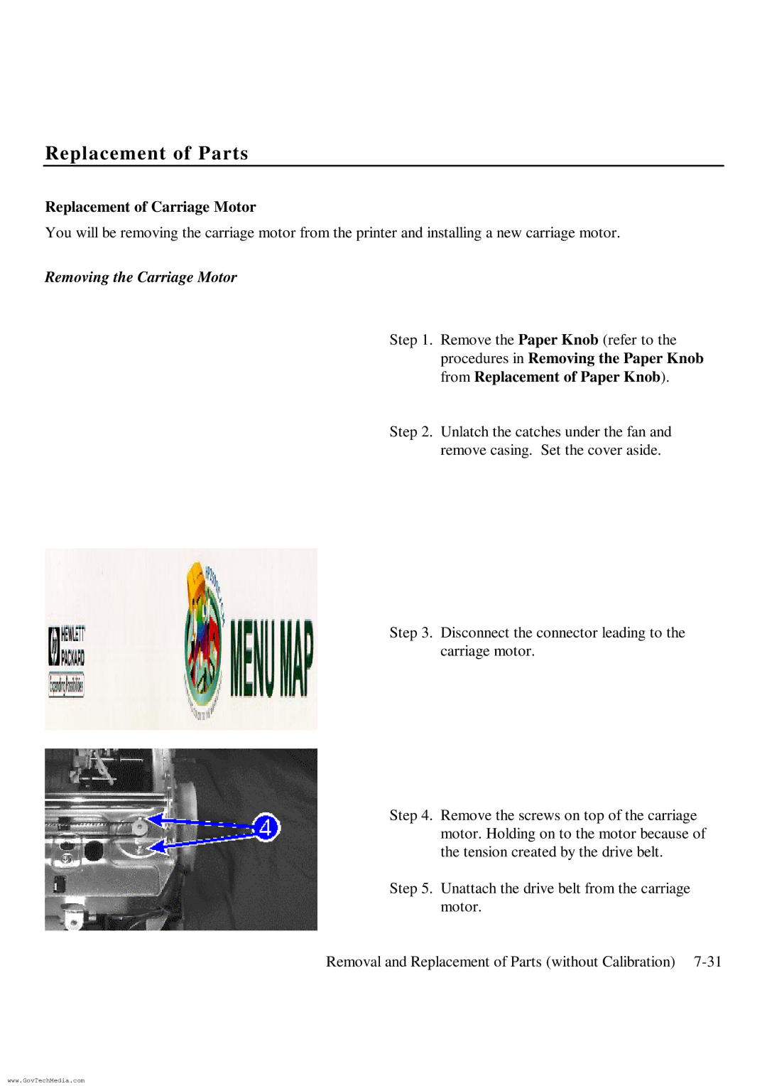 HP ColorPro CAD manual Replacement of Carriage Motor, Removing the Carriage Motor 