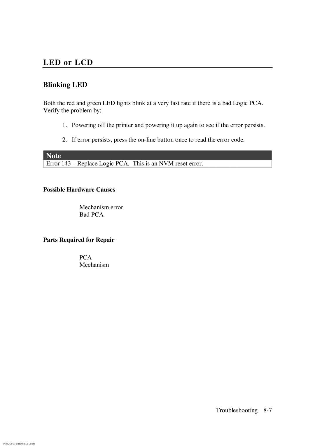 HP ColorPro CAD manual Blinking LED, Possible Hardware Causes, Parts Required for Repair 