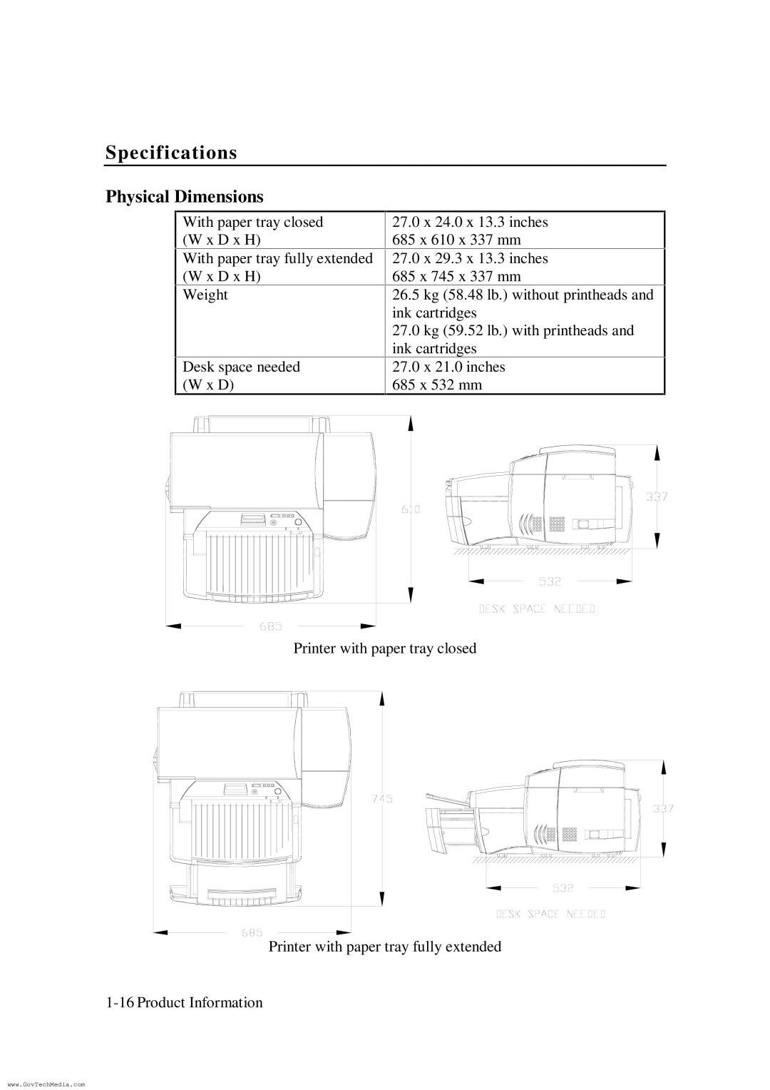 HP ColorPro CAD manual Physical Dimensions 