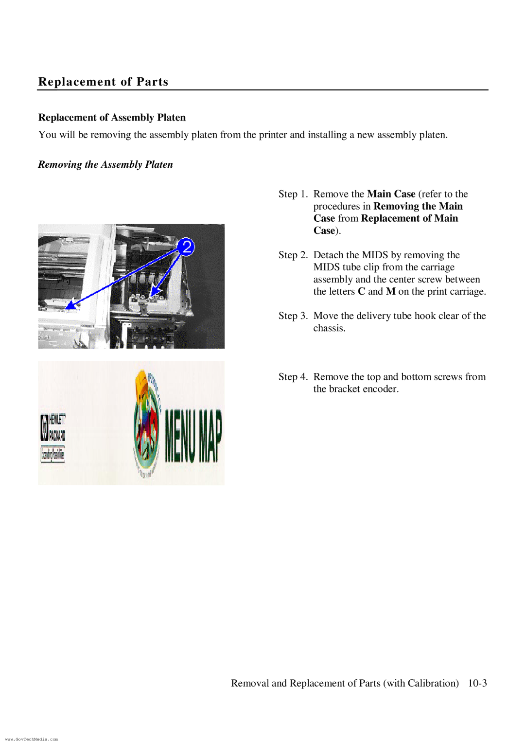 HP ColorPro CAD manual Replacement of Parts, Replacement of Assembly Platen, Removing the Assembly Platen 