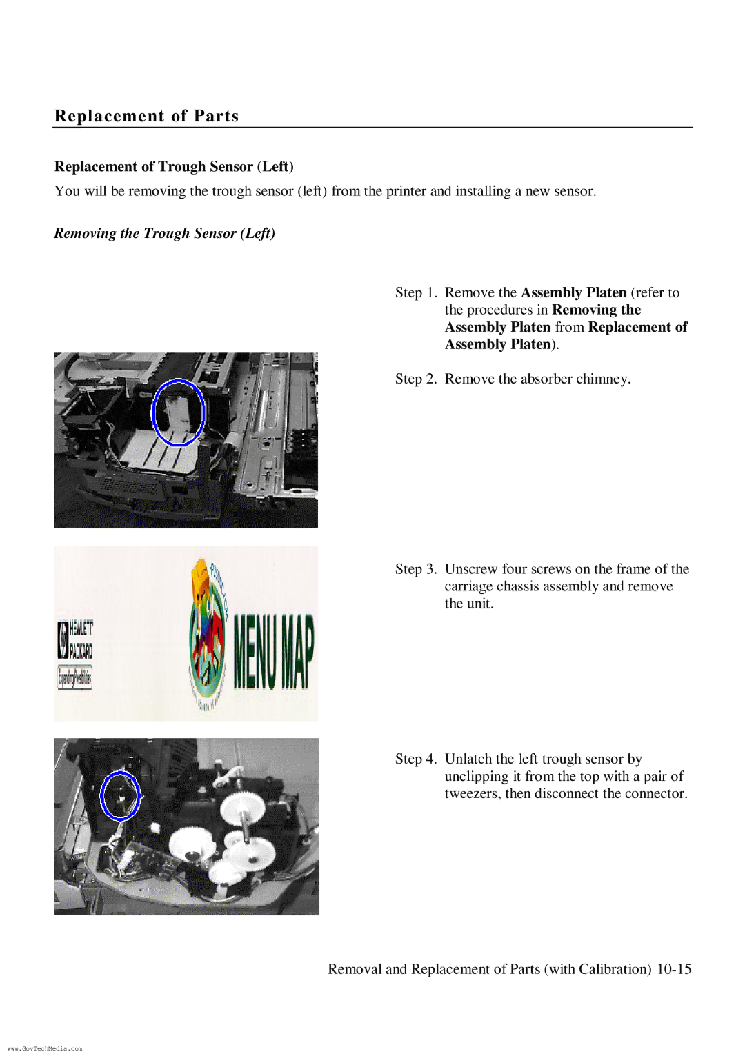 HP ColorPro CAD manual Replacement of Trough Sensor Left, Removing the Trough Sensor Left 