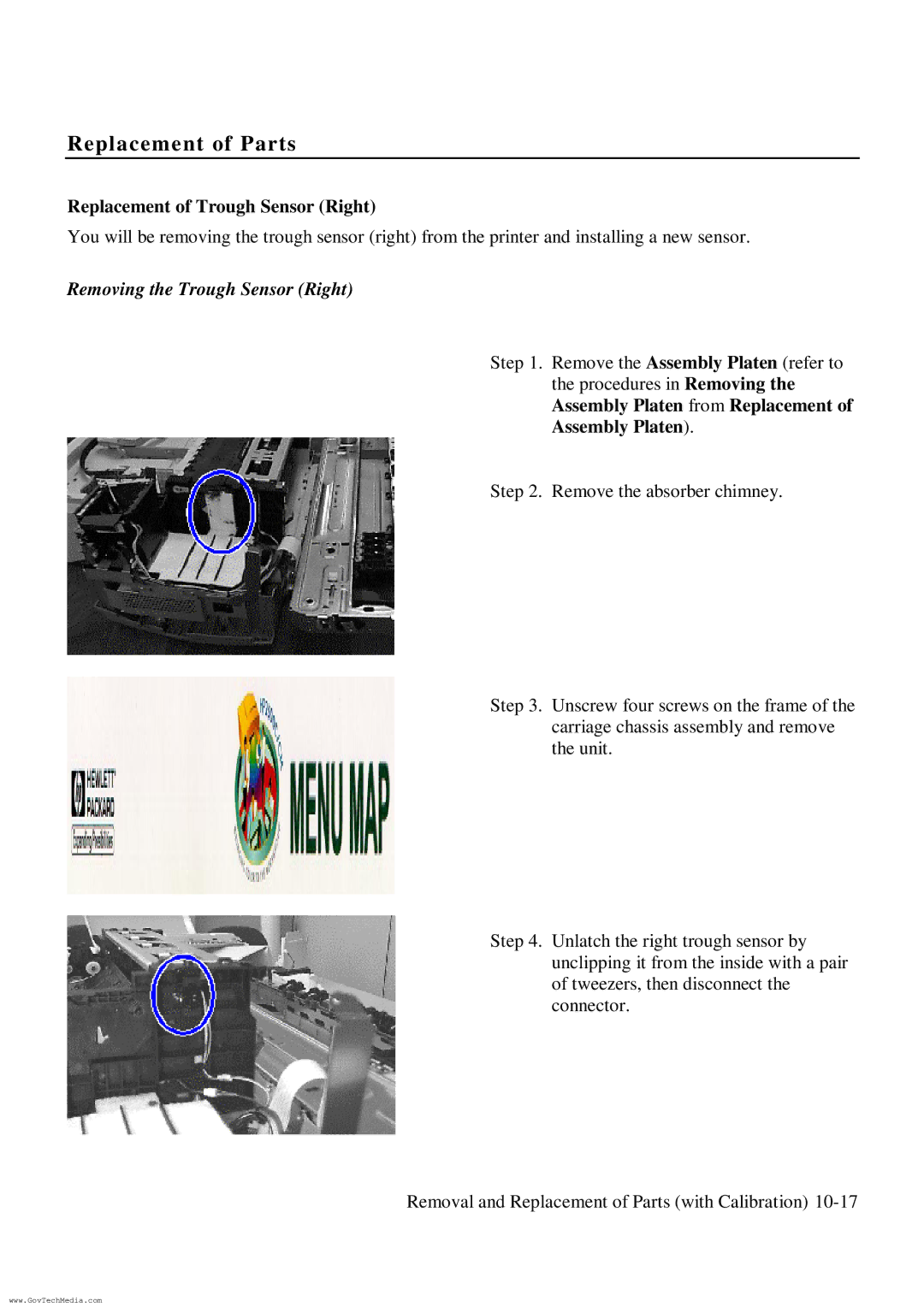 HP ColorPro CAD manual Replacement of Trough Sensor Right, Removing the Trough Sensor Right 