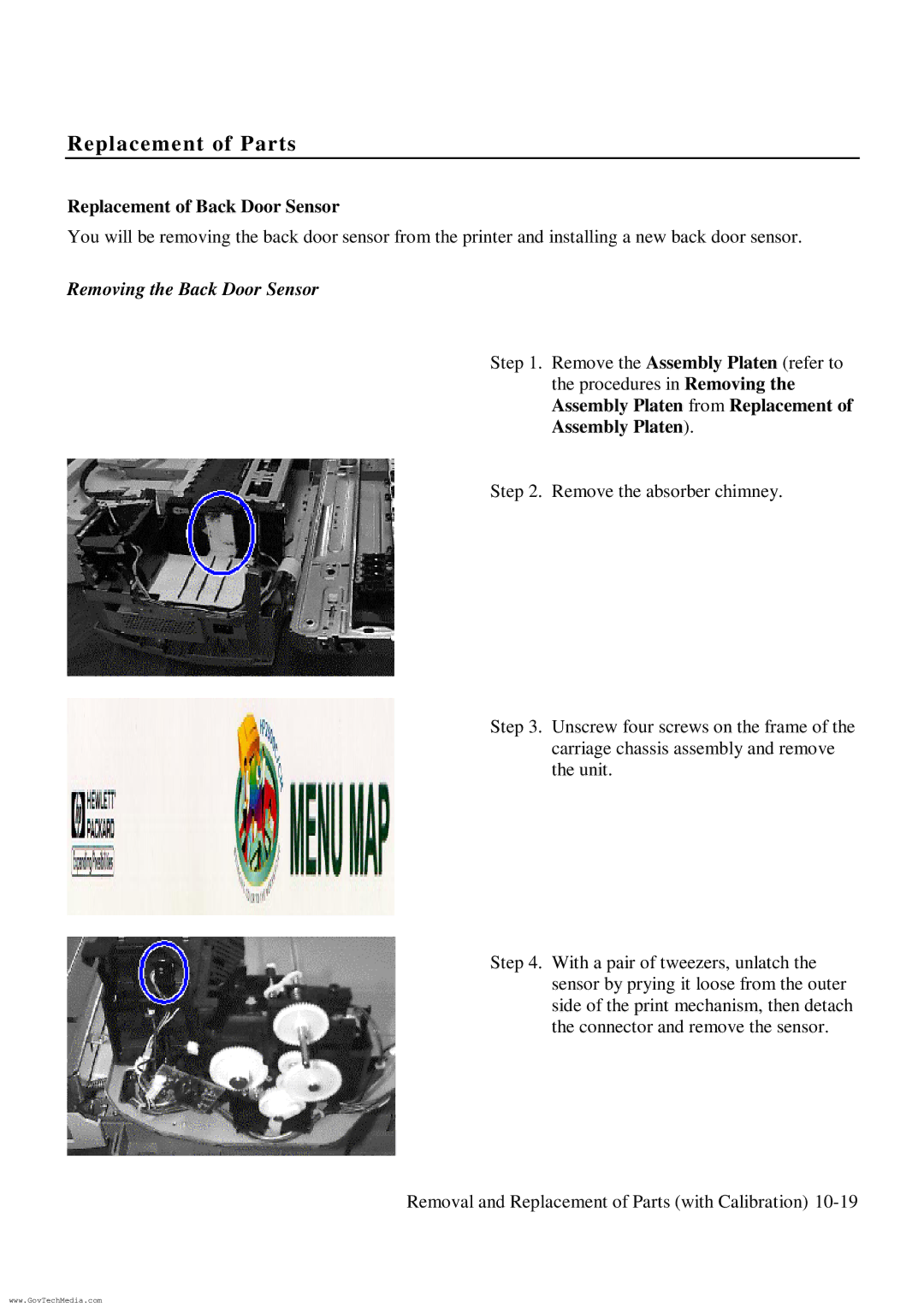 HP ColorPro CAD manual Replacement of Back Door Sensor, Removing the Back Door Sensor 