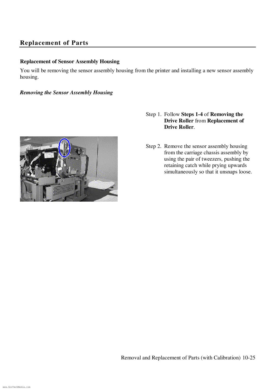 HP ColorPro CAD manual Replacement of Sensor Assembly Housing, Removing the Sensor Assembly Housing 