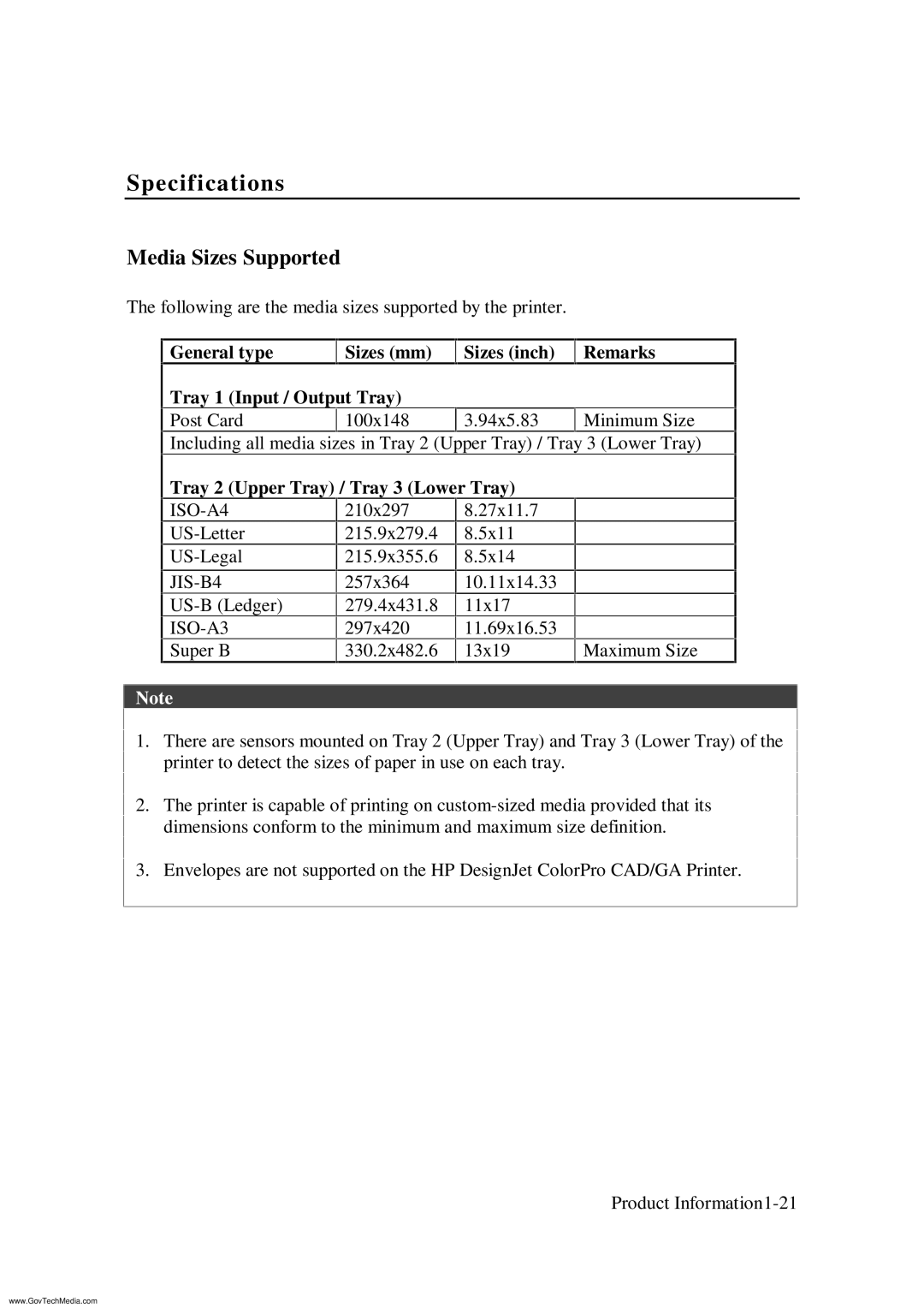 HP ColorPro CAD manual Media Sizes Supported, Tray 2 Upper Tray / Tray 3 Lower Tray 