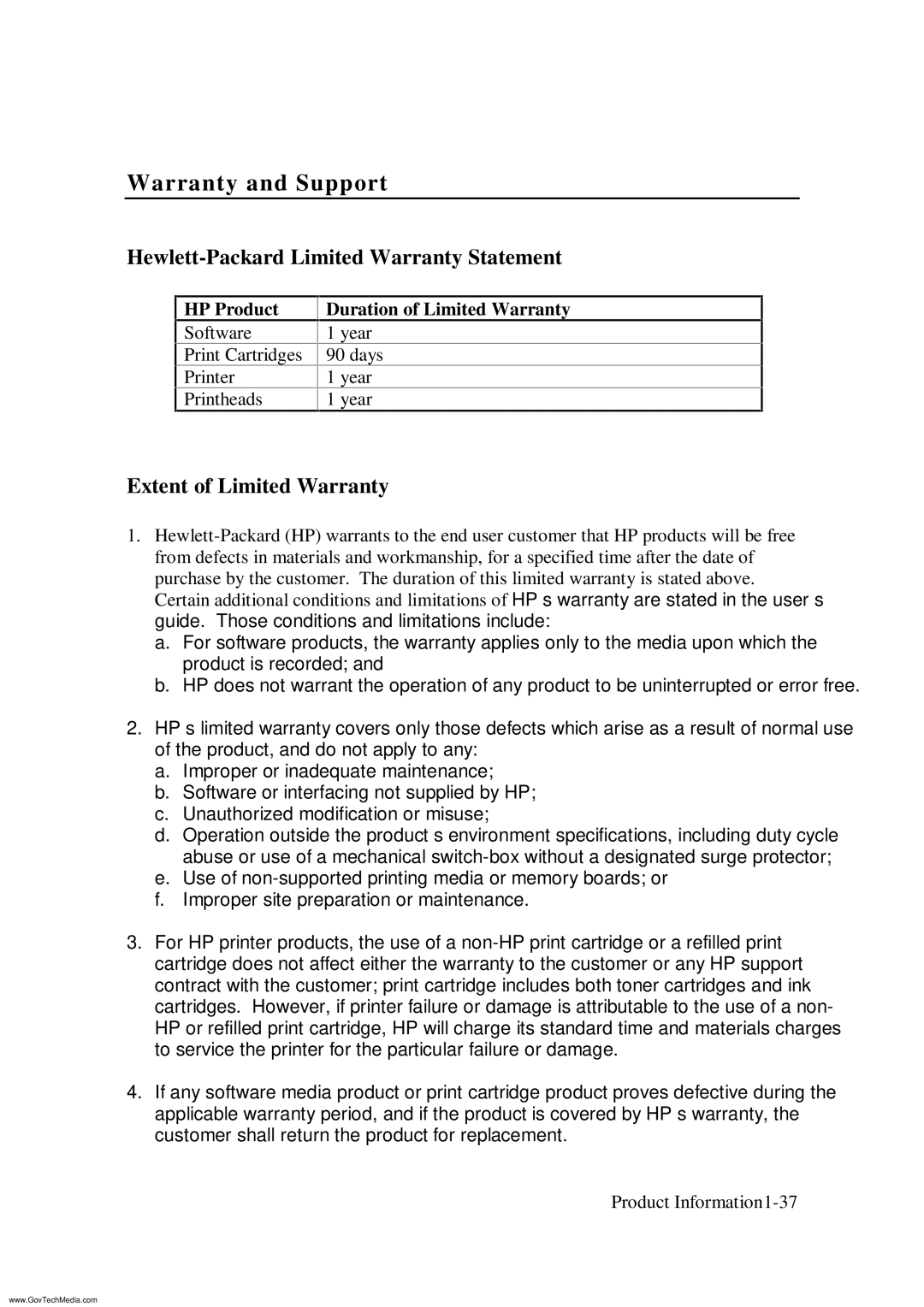 HP ColorPro CAD manual Hewlett-Packard Limited Warranty Statement, Extent of Limited Warranty, HP Product 