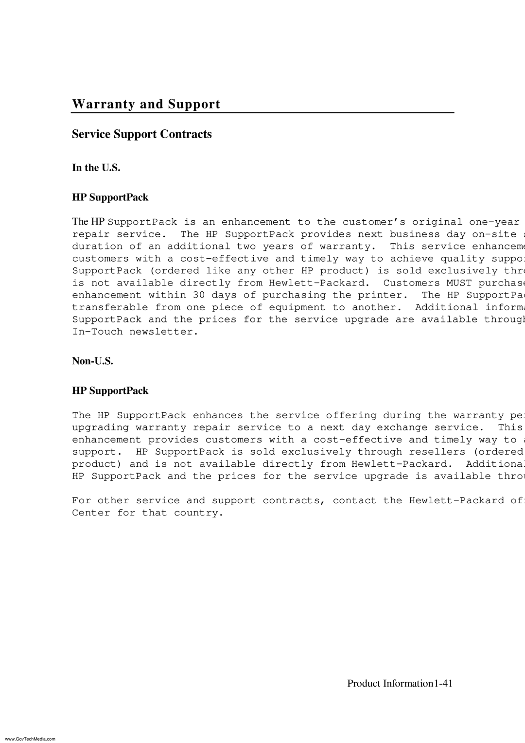 HP ColorPro CAD manual Service Support Contracts, Non-U.S HP SupportPack 