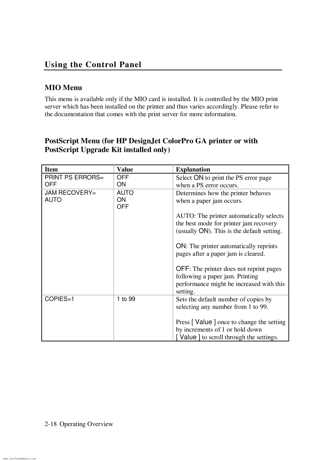 HP ColorPro CAD manual MIO Menu 