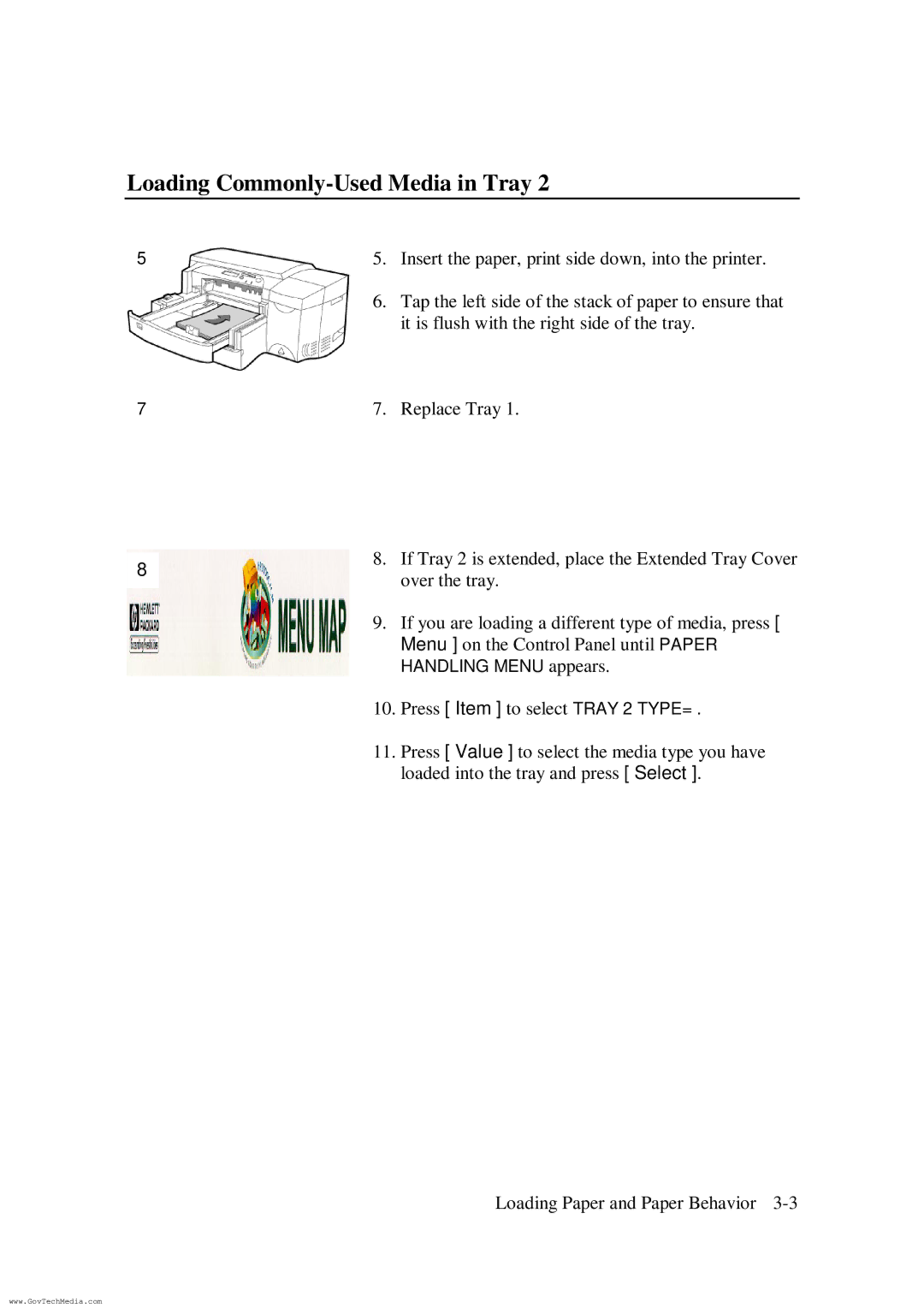 HP ColorPro CAD manual Loading Commonly-Used Media in Tray 