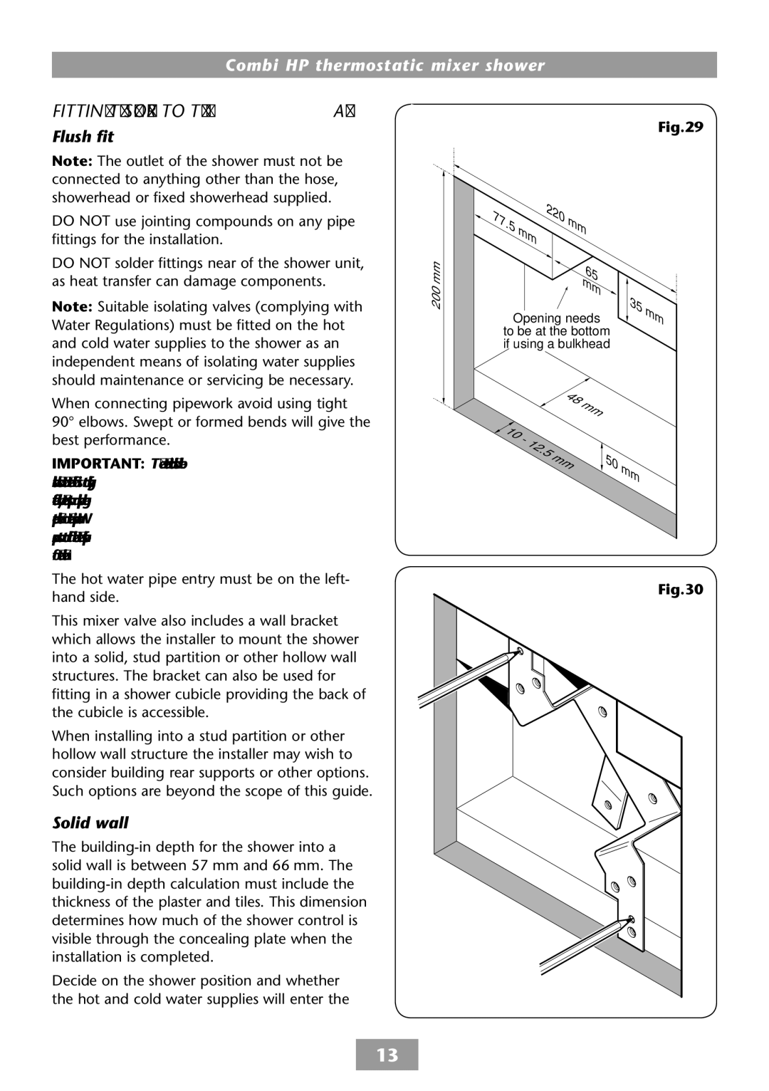 HP COMBI 2180206H manual Shower to the Wall, Flush fit, Solid wall 