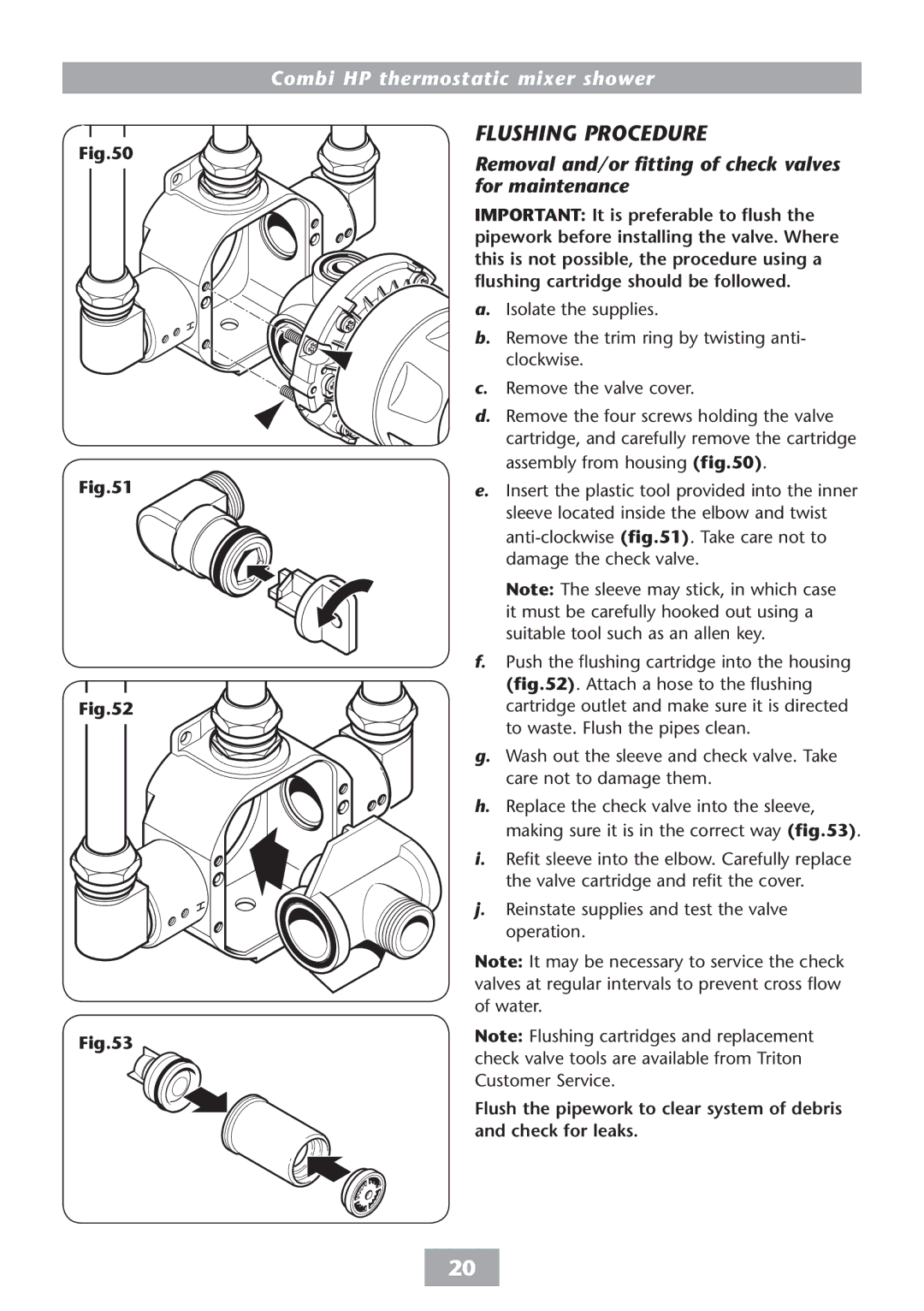 HP COMBI 2180206H manual FLUSHINGlushing procedurePROCEDURE, Removal and/or fitting of check valves for maintenance 