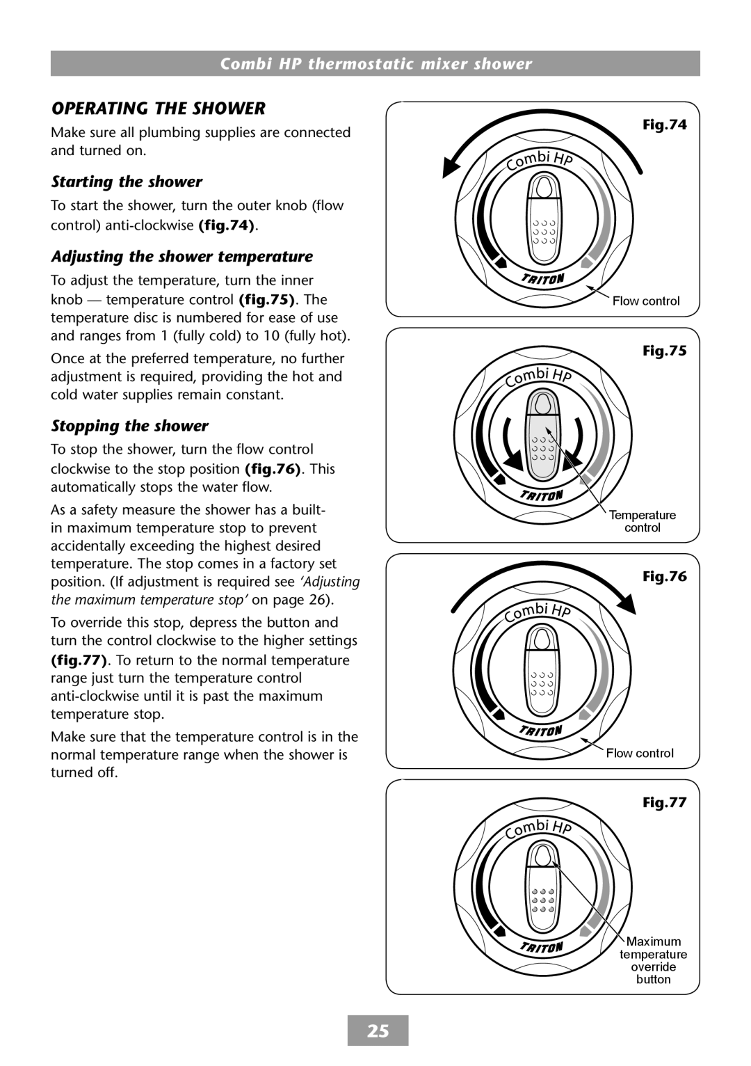 HP COMBI 2180206H manual Ting the Shower, Starting the shower, Adjusting the shower temperature, Stopping the shower 