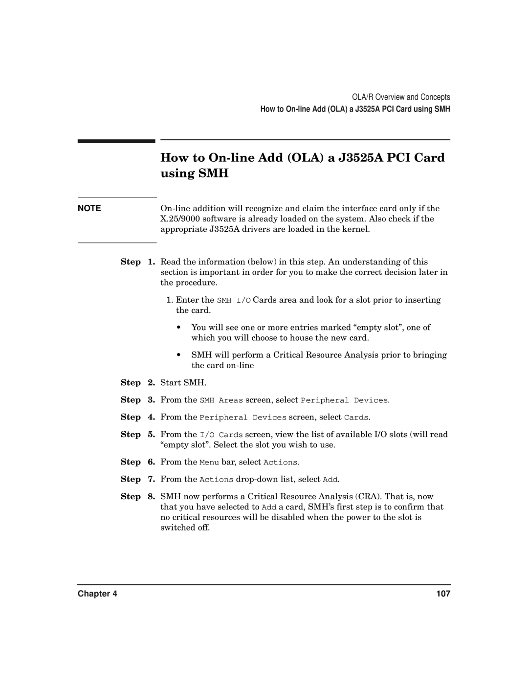 HP CommonIO Products manual How to On-line Add OLA a J3525A PCI Card, Using SMH 