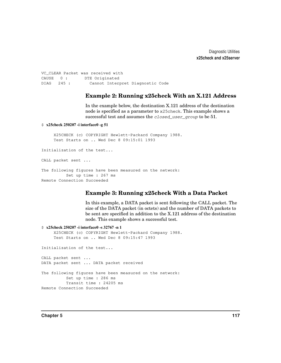 HP CommonIO Products manual Example 2 Running x25check With an X.121 Address, Example 3 Running x25check With a Data Packet 