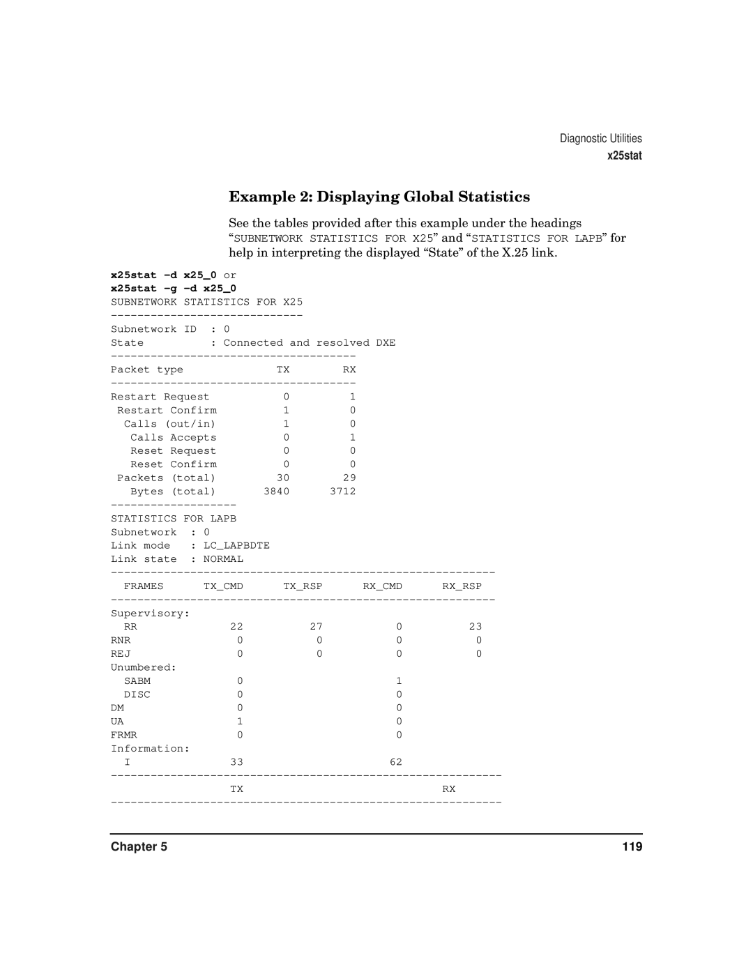 HP CommonIO Products manual Example 2 Displaying Global Statistics, X25stat -d X25stat -g -d 