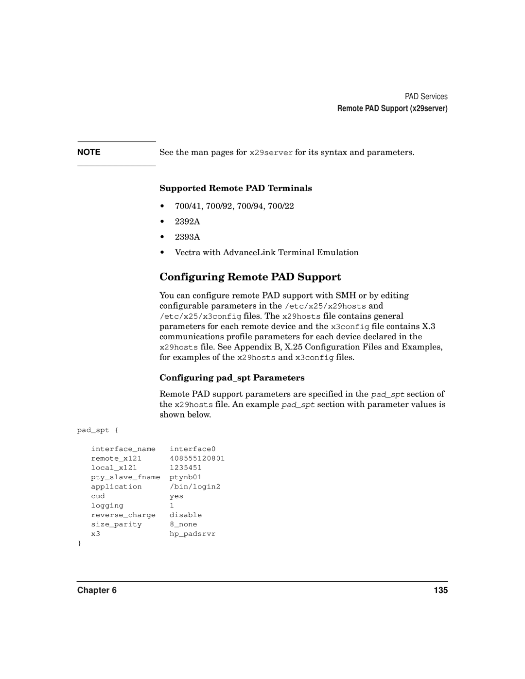 HP CommonIO Products manual Configuring Remote PAD Support, Supported Remote PAD Terminals, Configuring padspt Parameters 