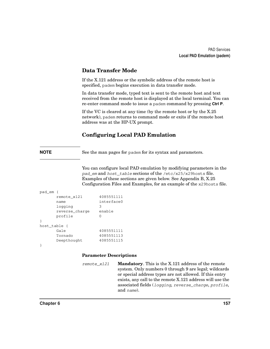 HP CommonIO Products manual Data Transfer Mode, Configuring Local PAD Emulation, Parameter Descriptions 