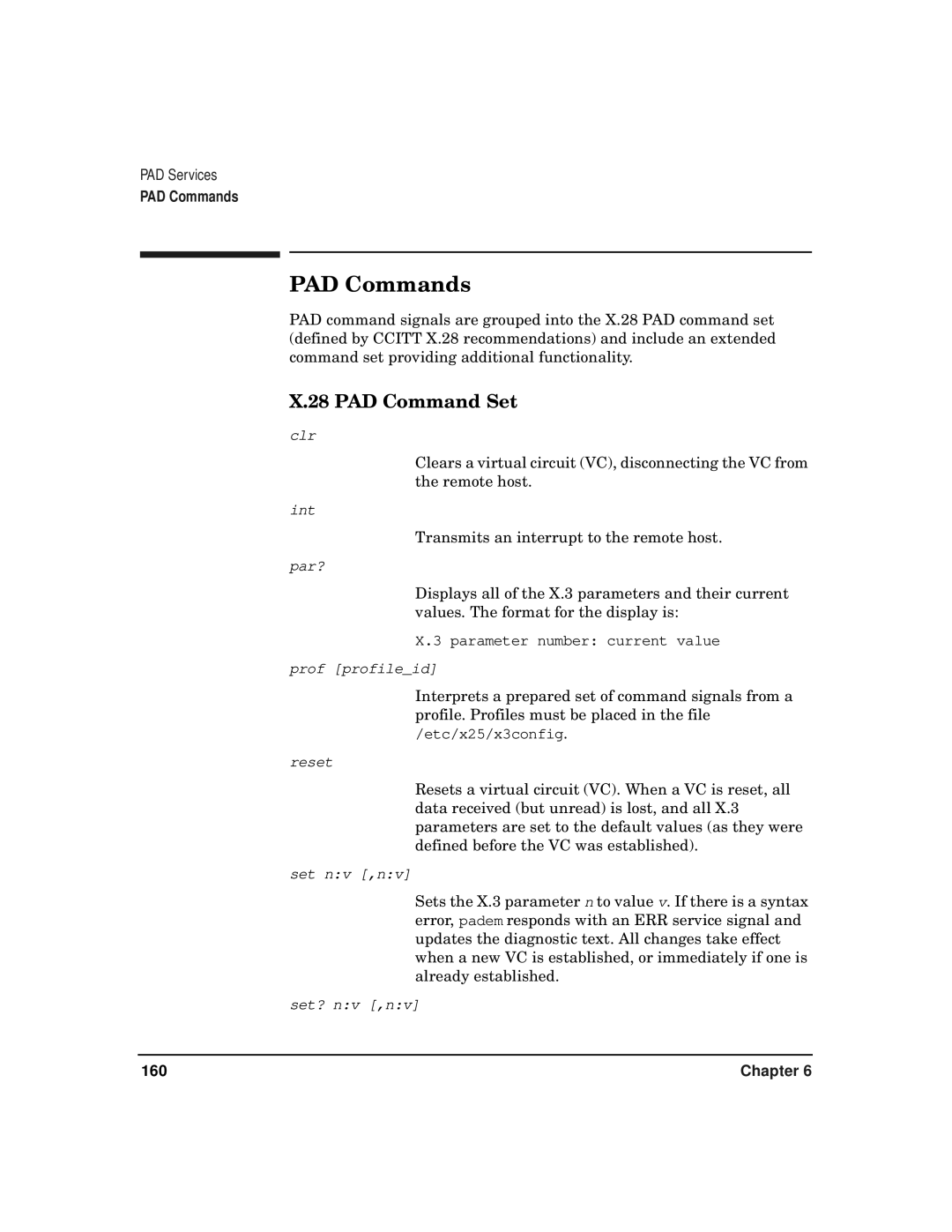 HP CommonIO Products manual PAD Commands, PAD Command Set 