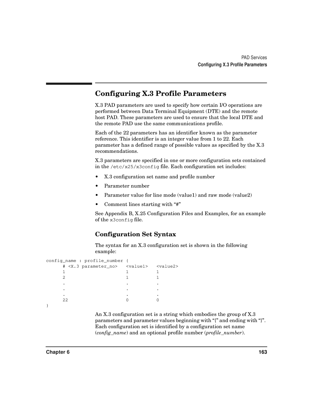 HP CommonIO Products manual Configuring X.3 Profile Parameters, Configuration Set Syntax 