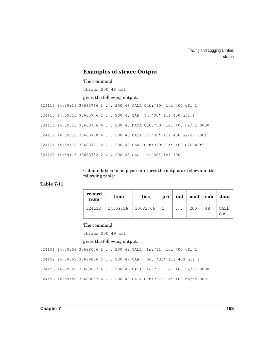 HP CommonIO Products manual Examples of strace Output, Record Time Tics Pri Ind Mod Sub Data Num 