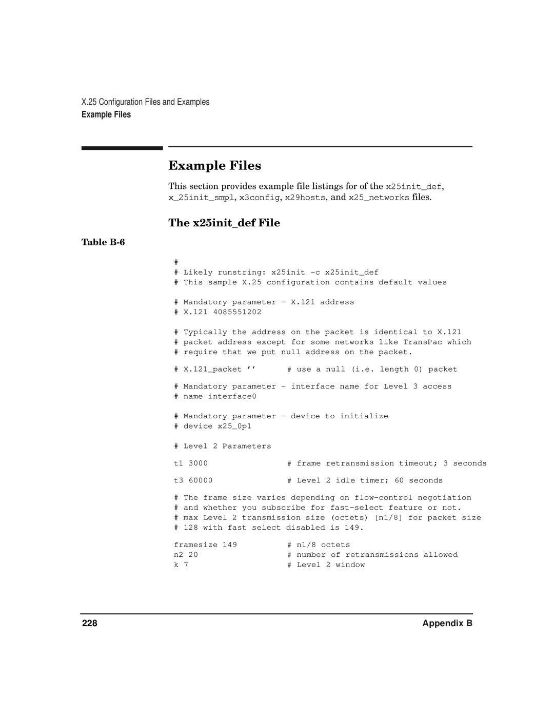 HP CommonIO Products manual Example Files, X25initdef File, Table B-6 