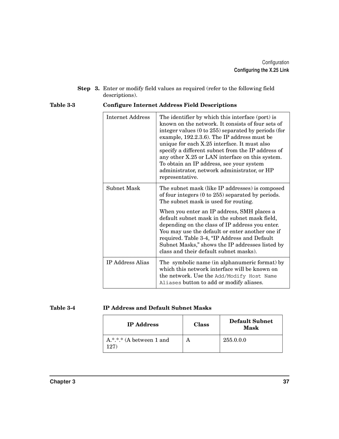 HP CommonIO Products manual Configure Internet Address Field Descriptions, IP Address and Default Subnet Masks Class 