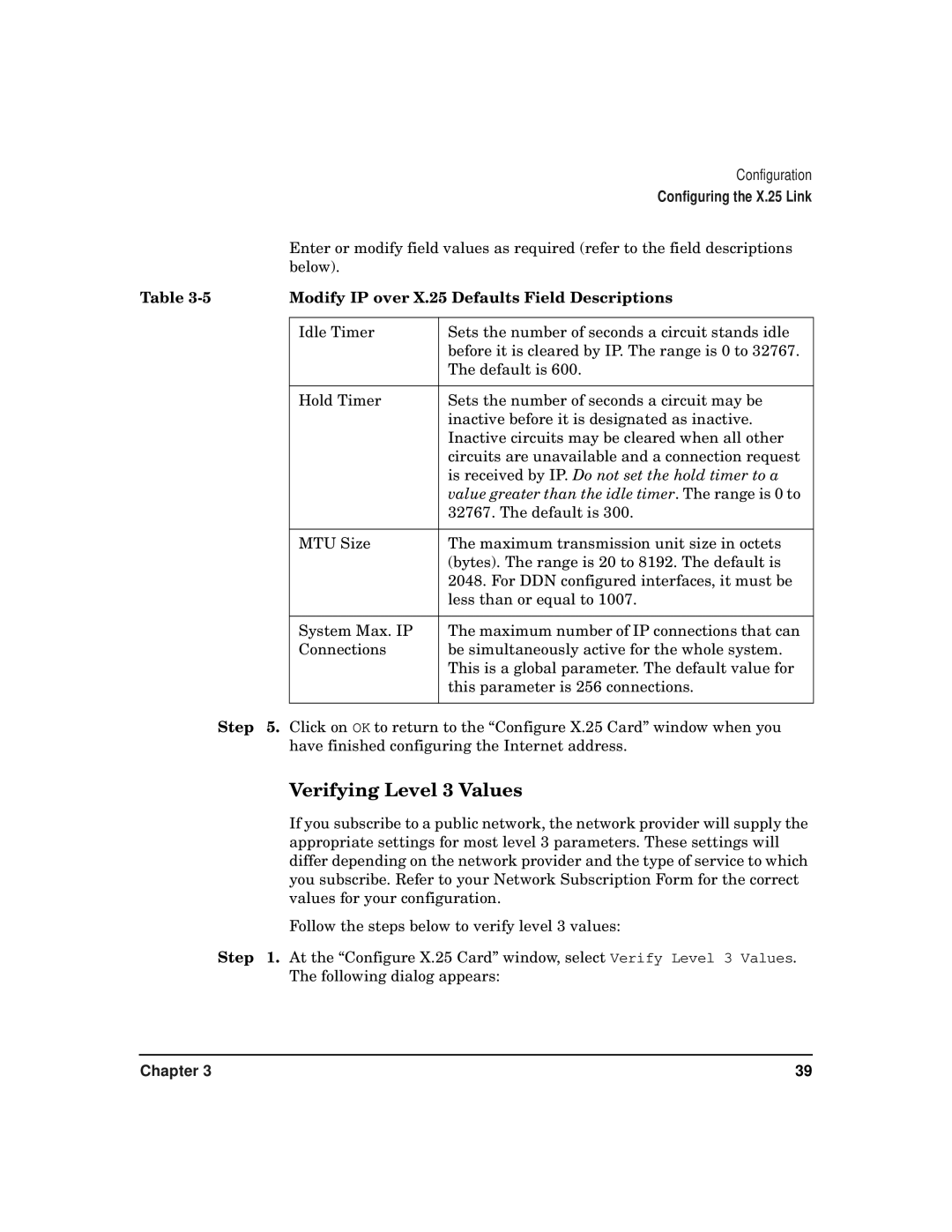 HP CommonIO Products manual Verifying Level 3 Values, Modify IP over X.25 Defaults Field Descriptions 