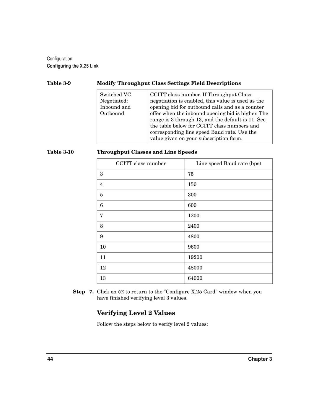 HP CommonIO Products manual Verifying Level 2 Values, Throughput Classes and Line Speeds 