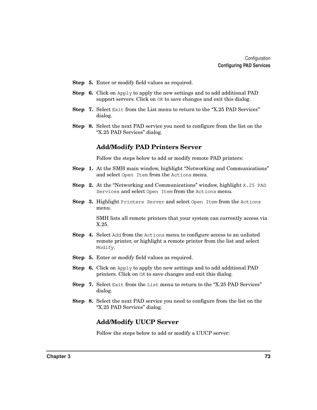 HP CommonIO Products manual Add/Modify PAD Printers Server, Add/Modify Uucp Server 