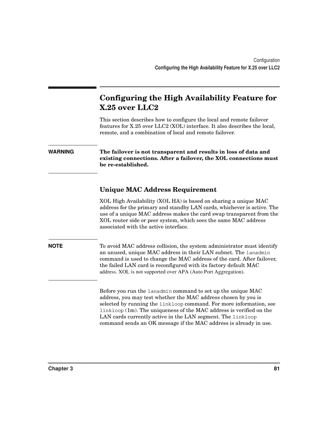 HP CommonIO Products manual Configuring the High Availability Feature for X.25 over LLC2, Unique MAC Address Requirement 